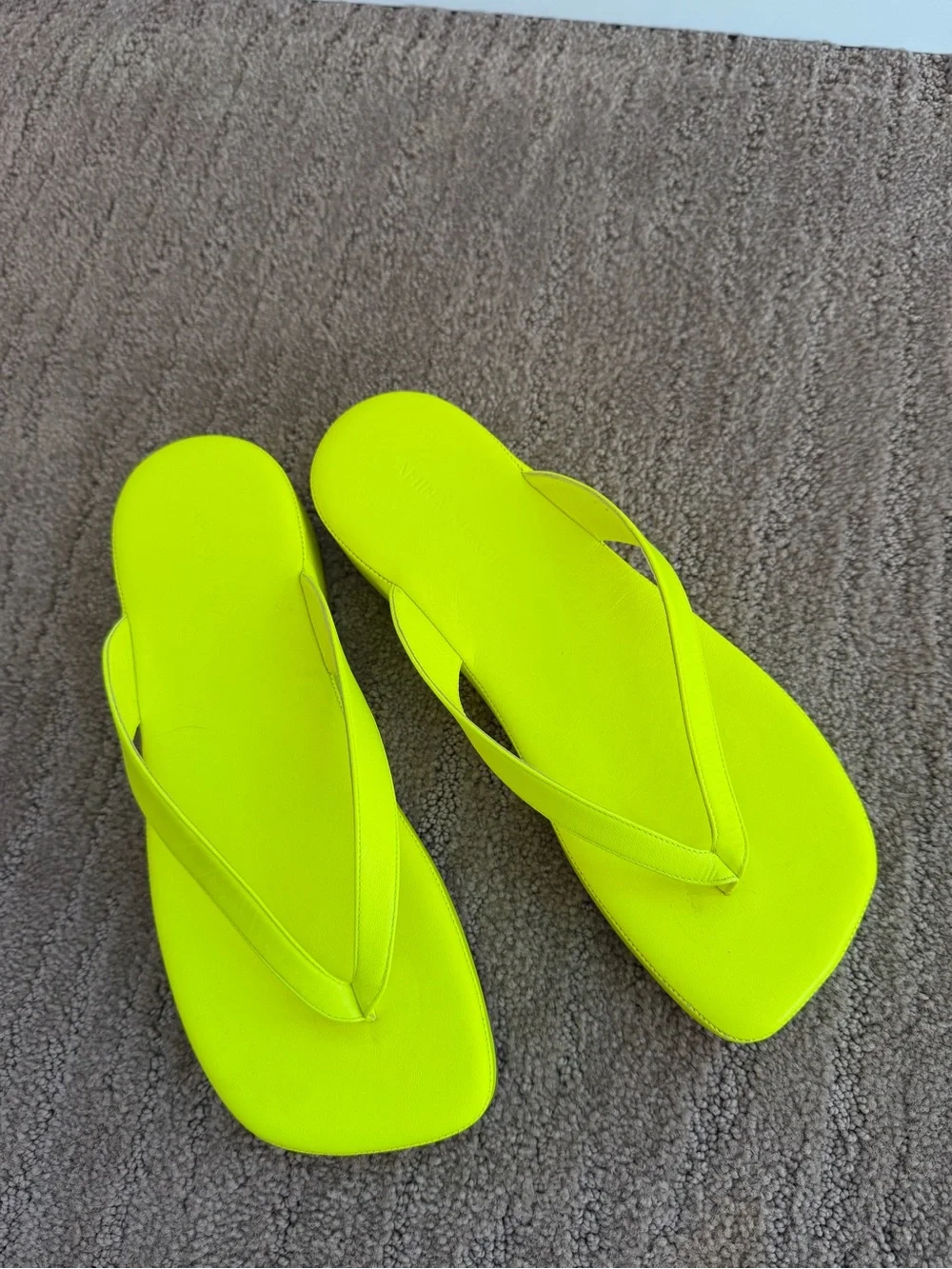 Amina Muaddi Neon Yellow Square-Toe Flip Flop Sandals